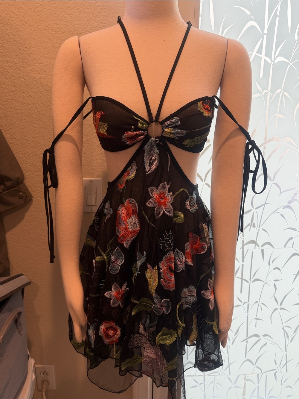 Bnwt Black Floral Embroidered Cutout Mini Dress festival wear or swim cover up.